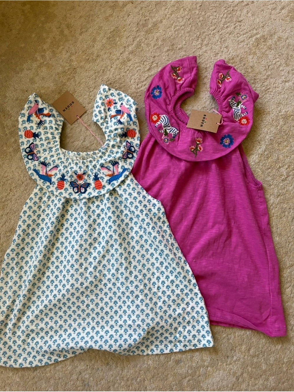 NWT 2 Mini Boden Girls Embroidered Ruffle Collar Tank Tops in Pink, White/Blue